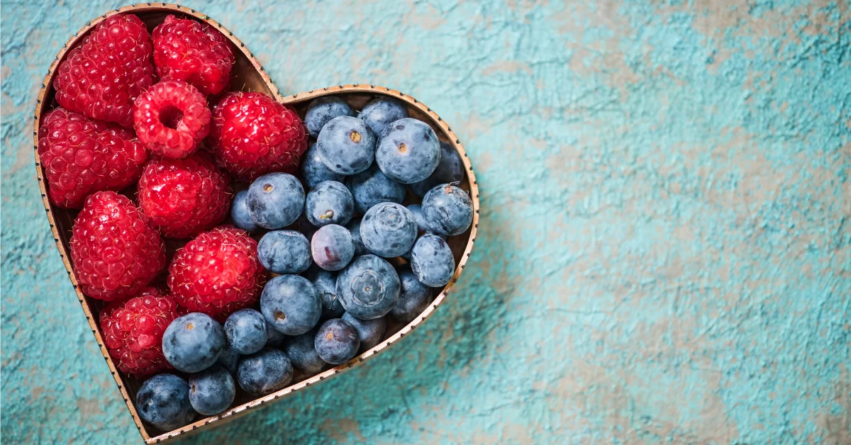 Berries in heart-shaped bowl